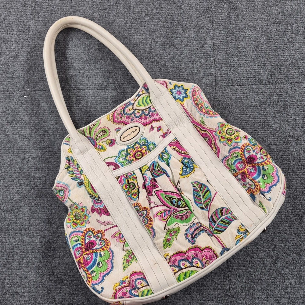 Vera Bradley White Leather Trim Paisley Floral Quilted Shoulder Bag Tote